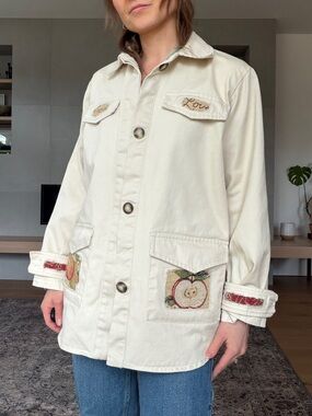 Reworked cotton Wat the Brand twill jacket w/ tapestry patchwork xs to small